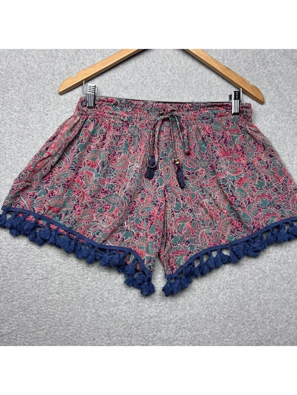 Anthropologie Raga Womens Paisley Tassel Pull On Shorts M Boho Hippie Beach chic
